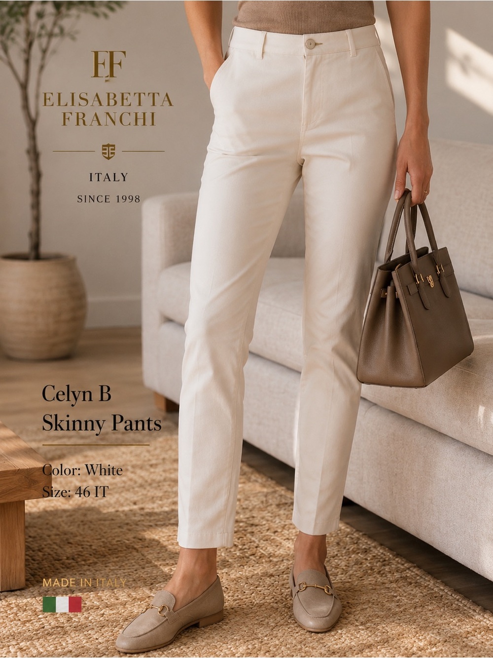 🇮🇹 Elisabetta Franchi Celyn B White Skinny Pants 46 IT Gold